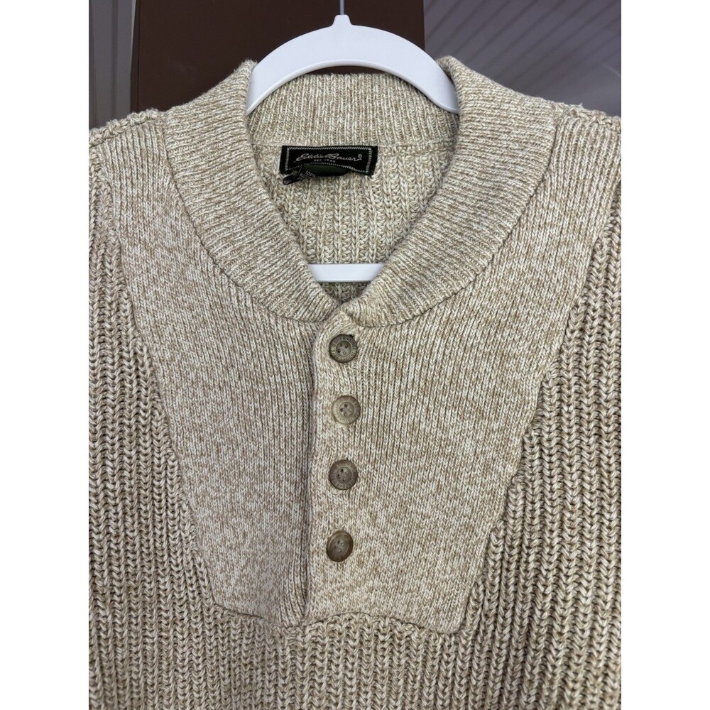 VTG Eddie Bauer Sweater Mens 2XL Oatmeal Henley Cotton Fisherman 90's Y2K Chunky